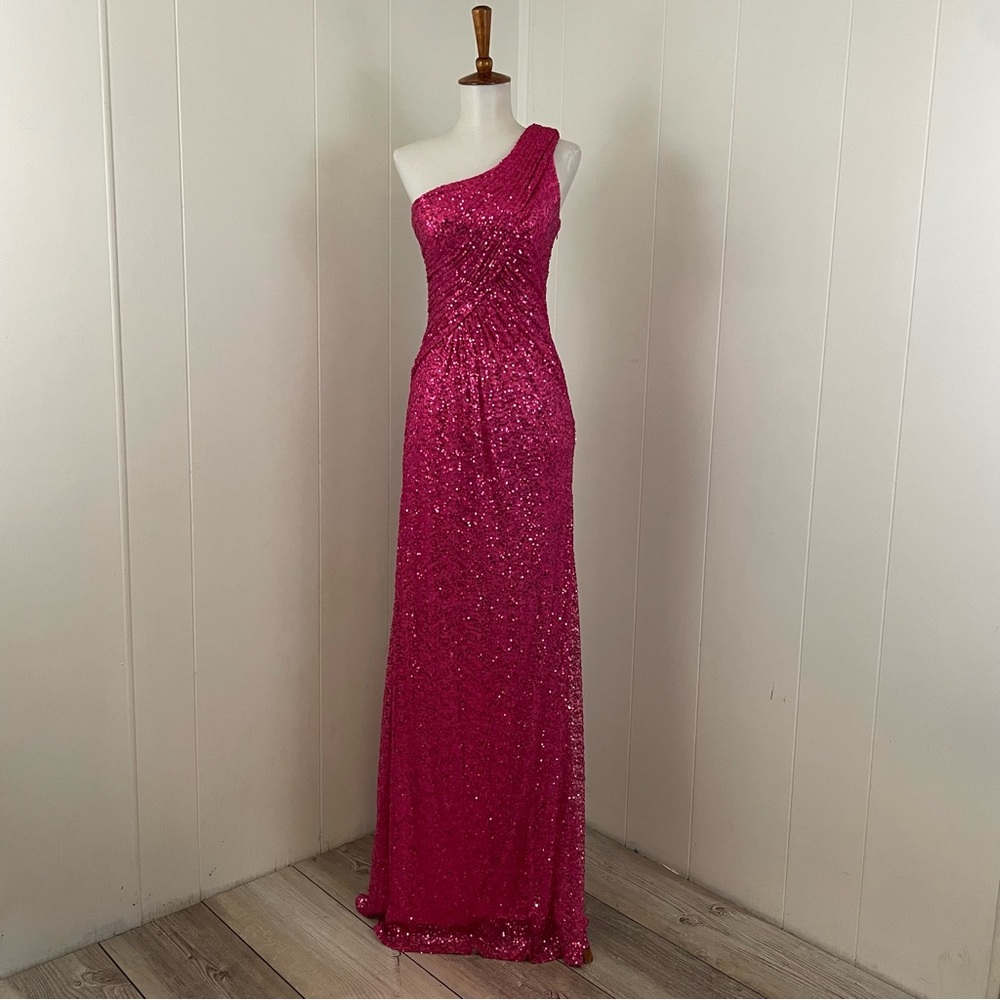 La Femme Hot Pink One-Shoulder Sequin Gown